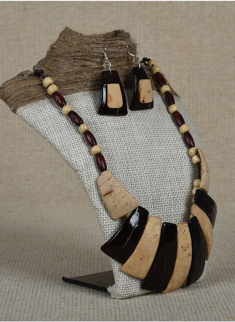 N & H - N&H Handmade Coconut Shell Dual Tone Choker Necklace with Earrings, Combo Pack of 2 - Image 1