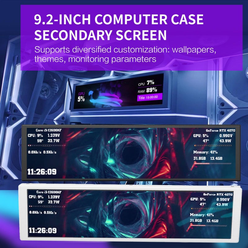 White Secondary Computer Display 9.2 Inch FHD 1920x462 IPS LCD Screen For PC Case With Dynamic Video Themes CPU GPU Temperature Monitor - Image 3