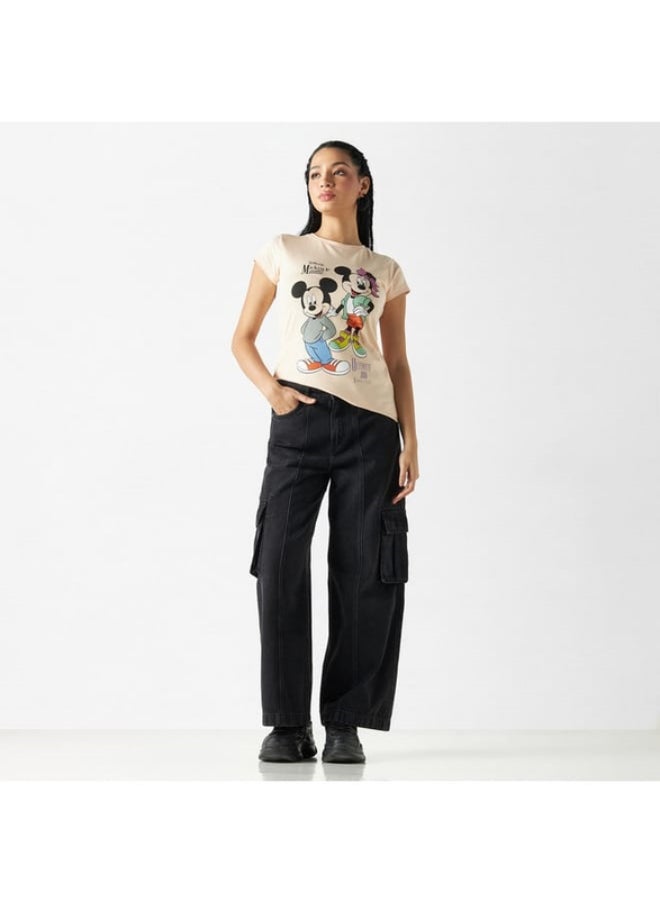 SP Characters - Mickey Mouse Print T-shirt with Crew Neck and Cap Sleeves - Image 1