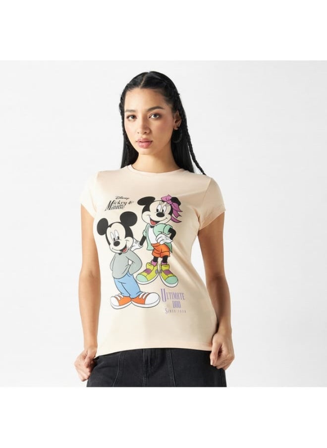 SP Characters - Mickey Mouse Print T-shirt with Crew Neck and Cap Sleeves - Image 1