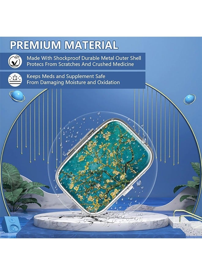 Compartment Medicine Pill Case, Van Gogh Almond Blossom Decorative 2 Compartment Travel Medicine Organizer, Retro Decorative Metal Travel Medicine Kit (Green) - Image 4