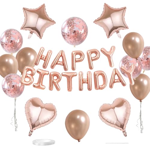 WEIKA 27 Pcs Rose Gold Birthday Decorations 3D Foil Rose Gold Happy Birthday Balloon Banner Pentagram Heart Foil Balloons Confetti Balloons Kit For Boys Girls Birthday Party Supplies - Image 1