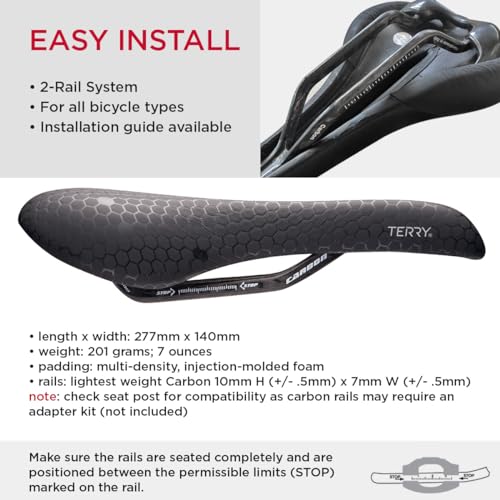 Terry Fly Carbon Mountain Bicycle Saddle - Bicycle Seat for Men - Flexible & Comfortable - Lightweight, Low Profile, Flat Top - Black Leather - Image 4