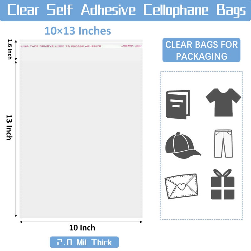 QOIUSO Clear Self-Sealing Cellophane Bags: 100PCS 10x13 Inch Sealable Poly Plastic Shipping Bags for Small Business Packaging Clothing, Shirt, Gifts, Decorative Wrappers, Party Favors and More - Image 2