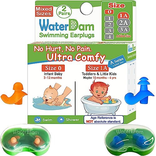 WaterDam سدادات أذن مائية من سلسلة A - مريحة للغاية وسدادات أذن مقاومة للماء (أحجام مختلطة، الحجم 0+1A: للأطفال الرضع والأطفال الصغار من 3-18 شهرًا (برتقالي أزرق)) - Image 1