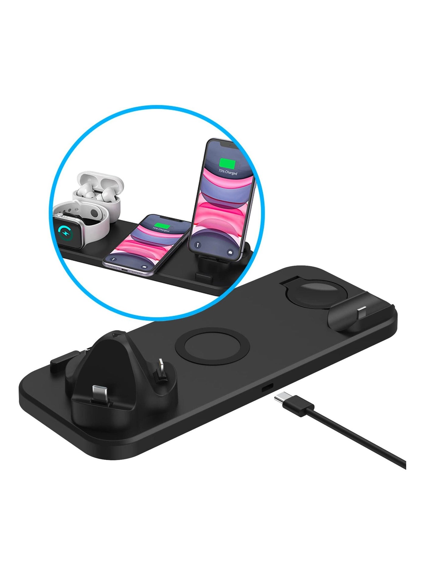 Foldable Wireless Charging Station/ Dock, MAKINGTEC Charger for Apple Devices and for Galaxy Series, 6 in 1. Compatible with All Devices for Wireless Charging/ iOS/ Android_Black
