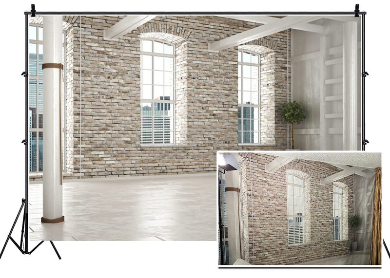 Leyiyi 10x8ft Photography Background Modern Study Backdrop Vintage Brick Wall French Arch Windows Glass Mansion Apartment Building Business Hall Wedding Bride Photo Portrait Vinyl Studio Video Prop