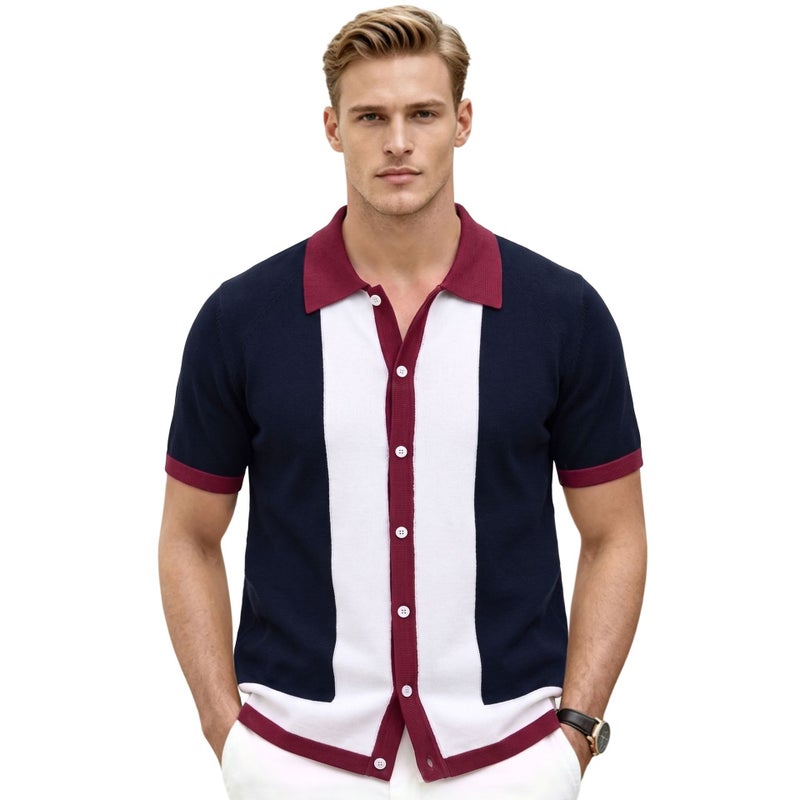 Men's Casual Contrast Knit Polo Shirt Short Sleeve SJ0008 - Image 1