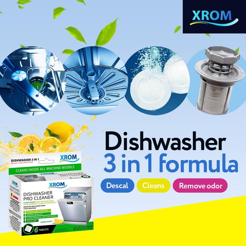 XROM Dishwasher Cleaner Tablets, Plant Based, Deep Clean And Descale, Removes Odors, Removes Hard Water Stains, Powerful Descaling, 6 Treatments (Lemon Scent) - Image 3