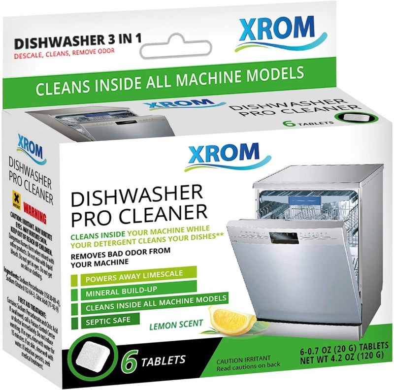 XROM Dishwasher Cleaner Tablets, Plant Based, Deep Clean And Descale, Removes Odors, Removes Hard Water Stains, Powerful Descaling, 6 Treatments (Lemon Scent) - Image 1