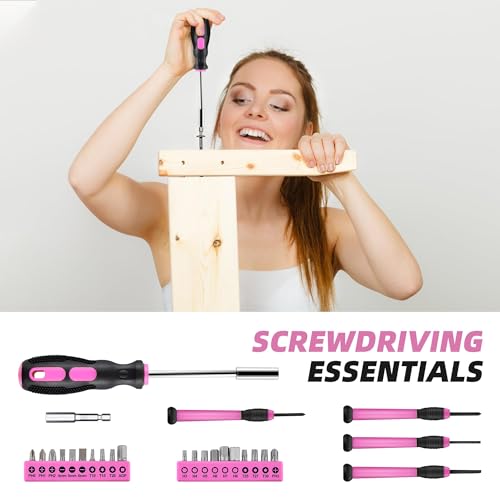 URASISTO 40-Piece Home Tool Kit with Easy Carrying Box, Small Basic Hand Tool Set Perfect for DIY Building, Home Maintenance and Woodworking, Great for College Students - PINK - Image 4