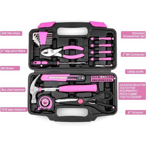URASISTO 40-Piece Home Tool Kit with Easy Carrying Box, Small Basic Hand Tool Set Perfect for DIY Building, Home Maintenance and Woodworking, Great for College Students - PINK - Image 2