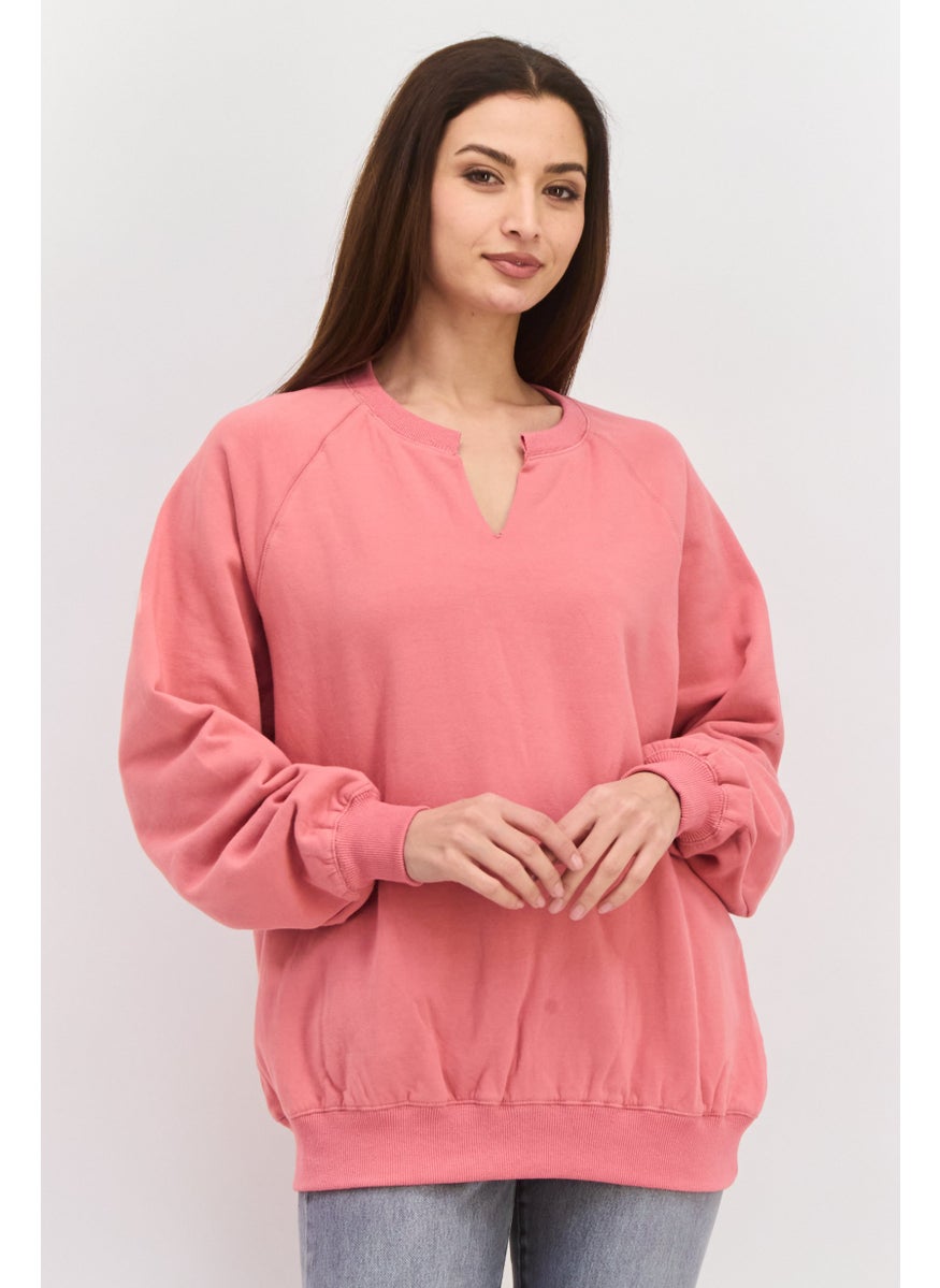 NIA Women  Oversized V-Neck Long Sleeve Solid Sweatshirt, Pink  - Image 1