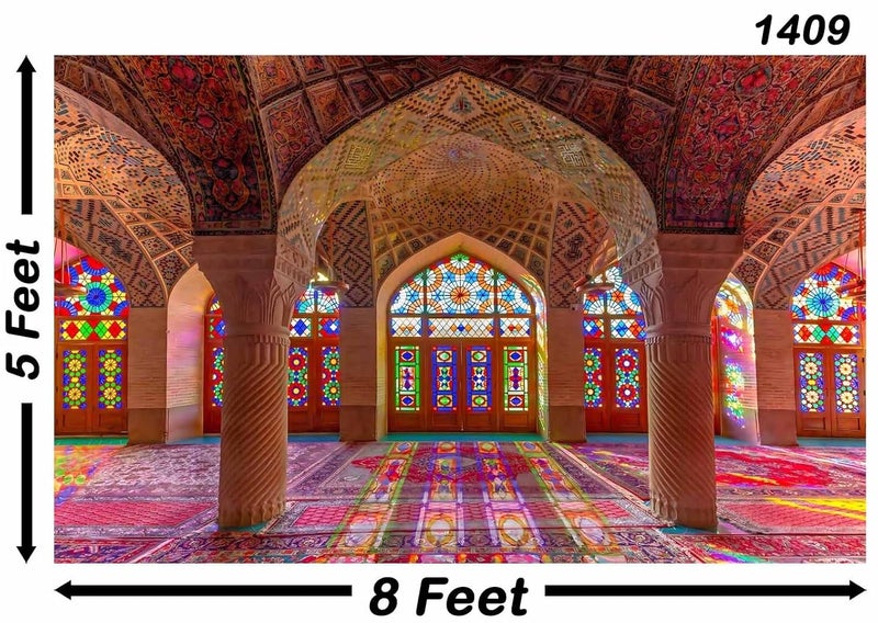 Backdropon خلفية قصر عتيق من العصور الوسطى مسجد وردي قاعة كبيرة أعمدة مع أقواس خلفية عربية مغربية زينة عيد ميلاد زفاف حفلة صورة بحجم 5 أقدام ارتفاع و 8 أقدام عرض (5 * 8) - Image 3