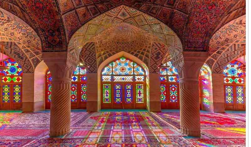 Backdropon خلفية قصر عتيق من العصور الوسطى مسجد وردي قاعة كبيرة أعمدة مع أقواس خلفية عربية مغربية زينة عيد ميلاد زفاف حفلة صورة بحجم 5 أقدام ارتفاع و 8 أقدام عرض (5 * 8) - Image 1