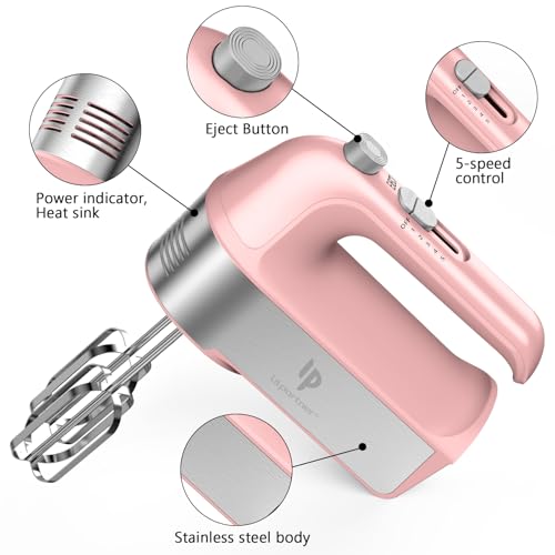 LILPARTNER Hand Mixer Electric, 450W Kitchen Mixers with Scale Cup Storage Case, Turbo Boost/Self-Control Speed + 5 Speed + Eject Button + 5 Stainless Steel Accessories, For Easy Whipping Dough, Cream, Pink - Image 2