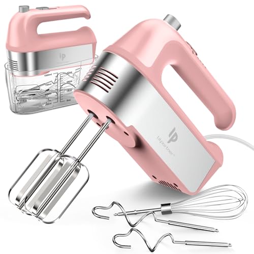 LILPARTNER Hand Mixer Electric, 450W Kitchen Mixers with Scale Cup Storage Case, Turbo Boost/Self-Control Speed + 5 Speed + Eject Button + 5 Stainless Steel Accessories, For Easy Whipping Dough, Cream, Pink - Image 1