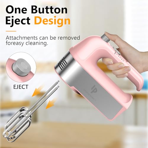 LILPARTNER Hand Mixer Electric, 450W Kitchen Mixers with Scale Cup Storage Case, Turbo Boost/Self-Control Speed + 5 Speed + Eject Button + 5 Stainless Steel Accessories, For Easy Whipping Dough, Cream, Pink - Image 4