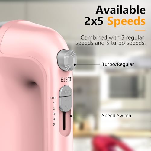 LILPARTNER Hand Mixer Electric, 450W Kitchen Mixers with Scale Cup Storage Case, Turbo Boost/Self-Control Speed + 5 Speed + Eject Button + 5 Stainless Steel Accessories, For Easy Whipping Dough, Cream, Pink - Image 3
