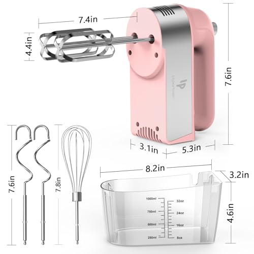 LILPARTNER Hand Mixer Electric, 450W Kitchen Mixers with Scale Cup Storage Case, Turbo Boost/Self-Control Speed + 5 Speed + Eject Button + 5 Stainless Steel Accessories, For Easy Whipping Dough, Cream, Pink - Image 5
