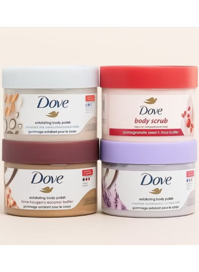 دوف مجموعة مقشر ومُلمع الجسم من دوف، 4 قطع - مكاديميا مطحونة وحليب أرز، بذور رمان وزبدة شيا، سكر بني وزبدة جوز الهند، لافندر مطحون وحليب جوز الهند - 298 غرام × 4 - Image 2