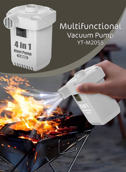 Portable Electric Air Pump & Deflator YT-M2055 for Inflatables | Fast 260L/min Inflation, USB-C Rechargeable 1600mAh Battery, 3 Nozzles | Air Mattress, Boat, Pool Float, Camping Mat Inflator – White/Green