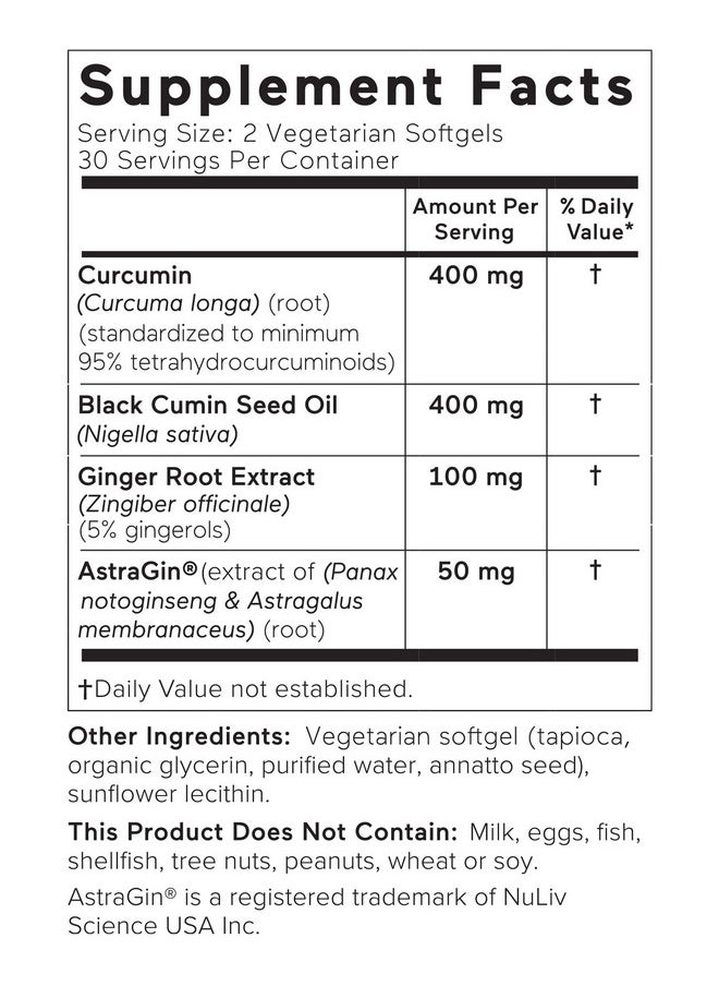 SMARTERNUTRITION - Smarter Nutrition Curcumin Softgels Potent & Bioavailable Active Curcumin Standardized To 95% Tetrahydrocurcuminoids With Astragin Black Cumin Seed Oil & Ginger (60 Count (Pack Of 1) - Image 1