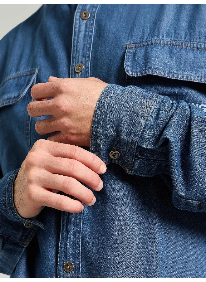 Beyoung Mid Blue Dual Pocket Denim Shirt