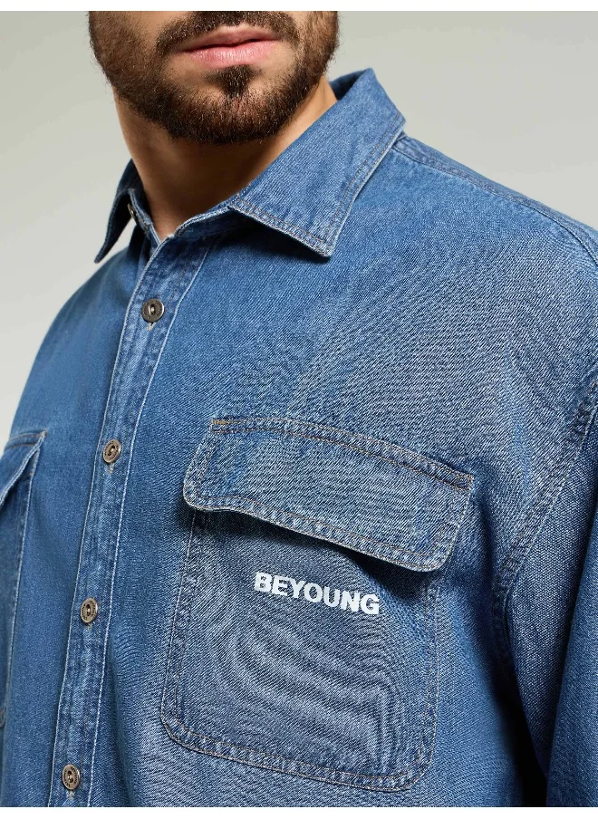 Beyoung Mid Blue Dual Pocket Denim Shirt