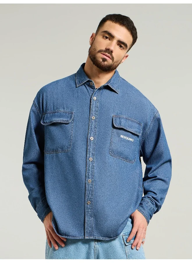 Beyoung Mid Blue Dual Pocket Denim Shirt