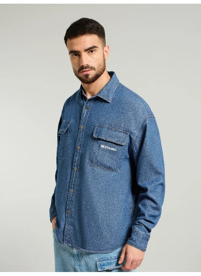 Beyoung Mid Blue Dual Pocket Denim Shirt