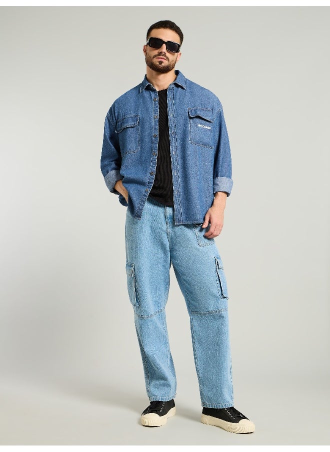 Beyoung Mid Blue Dual Pocket Denim Shirt  - Image 1