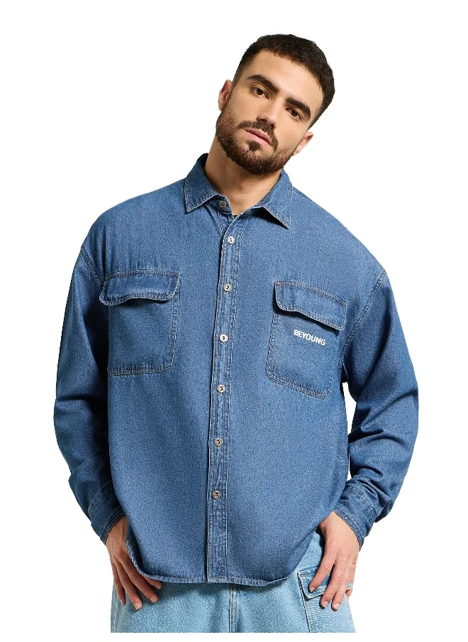 Beyoung Mid Blue Dual Pocket Denim Shirt