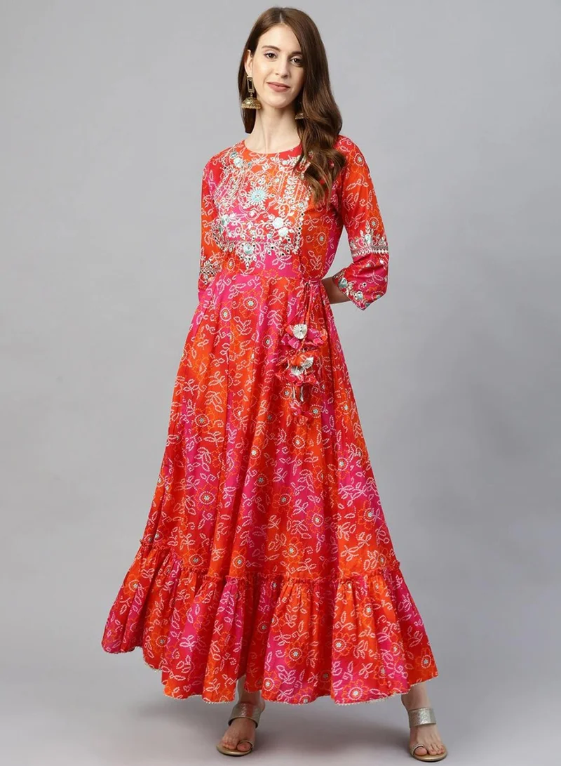 ISHIN Women'S Red 100% Cotton Self Design A-Line Kurta