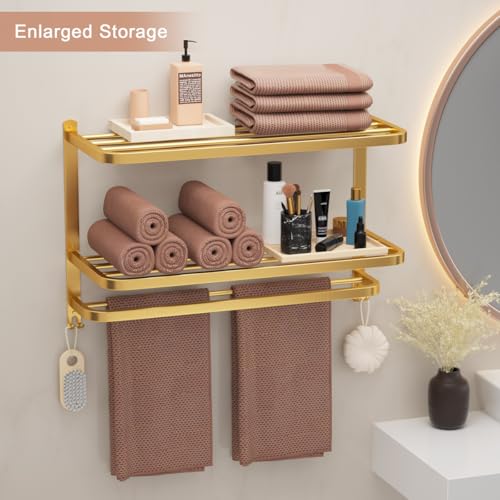 DDS-DUDES 23 Inch 3-Tier Gold Towel Racks for Bathroom with Towel Bars Multilayer Hotel Towel Shelf Stainless Steel Wall-Mounted Brushed Finish Holder with Towel Shelves - Image 4