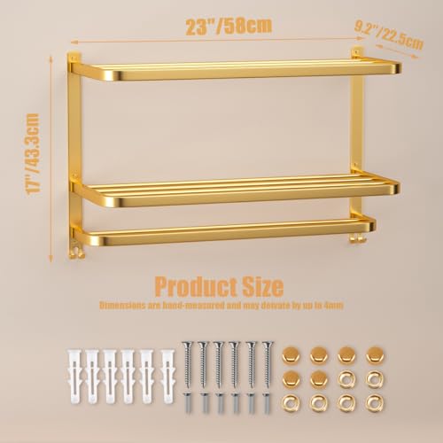 DDS-DUDES 23 Inch 3-Tier Gold Towel Racks for Bathroom with Towel Bars Multilayer Hotel Towel Shelf Stainless Steel Wall-Mounted Brushed Finish Holder with Towel Shelves - Image 2