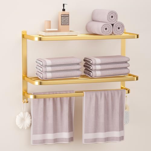 DDS-DUDES 23 Inch 3-Tier Gold Towel Racks for Bathroom with Towel Bars Multilayer Hotel Towel Shelf Stainless Steel Wall-Mounted Brushed Finish Holder with Towel Shelves - Image 1