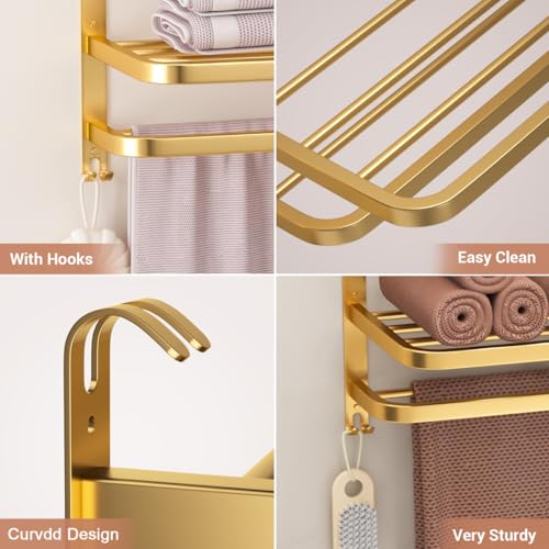 DDS-DUDES 23 Inch 3-Tier Gold Towel Racks for Bathroom with Towel Bars Multilayer Hotel Towel Shelf Stainless Steel Wall-Mounted Brushed Finish Holder with Towel Shelves - Image 3