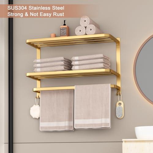 DDS-DUDES 23 Inch 3-Tier Gold Towel Racks for Bathroom with Towel Bars Multilayer Hotel Towel Shelf Stainless Steel Wall-Mounted Brushed Finish Holder with Towel Shelves - Image 5