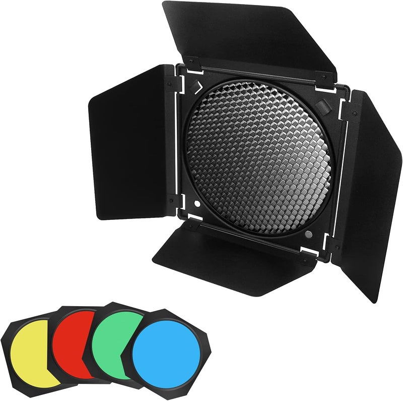 soonpho BD-04 Barn Door with Honeycomb Grid and 4 Color Gel Filters (Red,Yellow, Blue,Green) for Standard Reflector & Cloth - Image 1