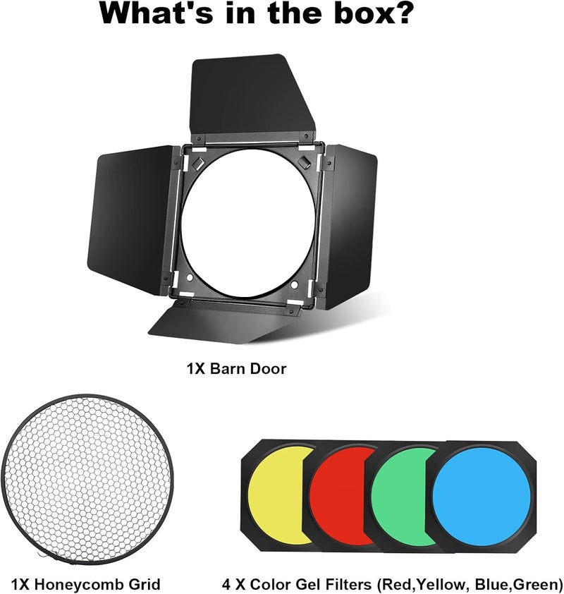 soonpho BD-04 Barn Door with Honeycomb Grid and 4 Color Gel Filters (Red,Yellow, Blue,Green) for Standard Reflector & Cloth - Image 4