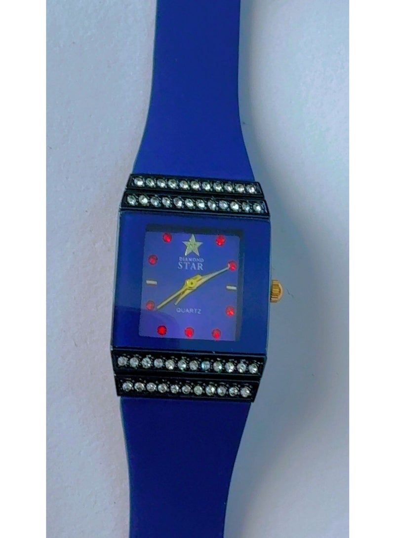 Diamond Star Brand New Diamond Star Quartz Women's Watch – Square Blue Dial with Crystal Accents, Red Hour Markers, and Durable Blue Silicone Strap - Image 2