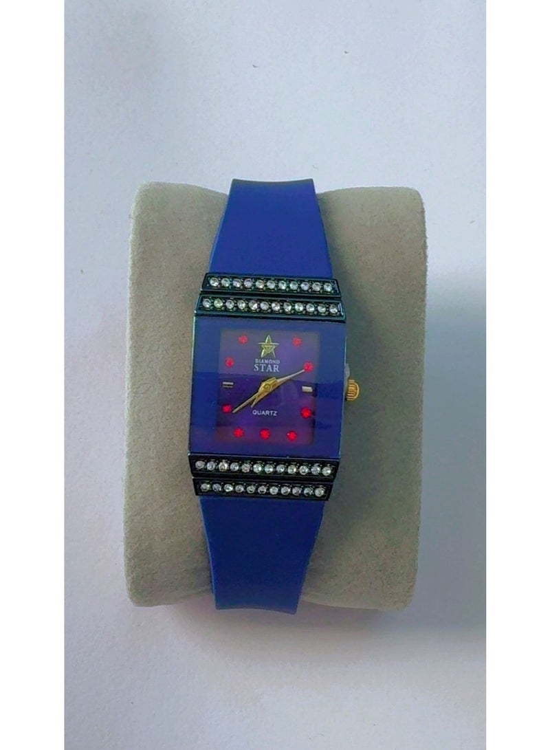 Diamond Star Brand New Diamond Star Quartz Women's Watch – Square Blue Dial with Crystal Accents, Red Hour Markers, and Durable Blue Silicone Strap - Image 1