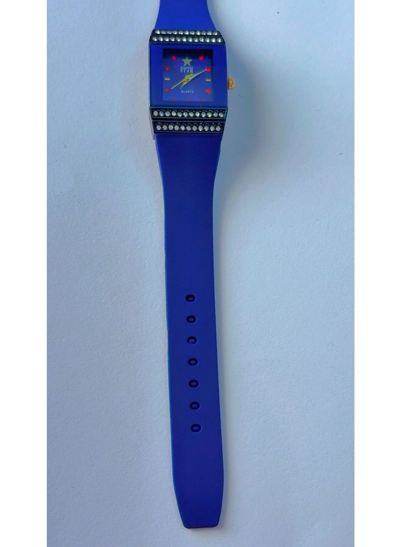 Diamond Star Brand New Diamond Star Quartz Women's Watch – Square Blue Dial with Crystal Accents, Red Hour Markers, and Durable Blue Silicone Strap - Image 4