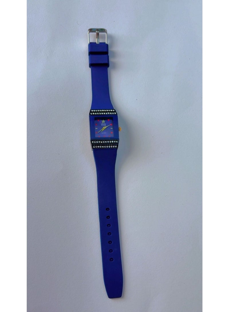 Diamond Star Brand New Diamond Star Quartz Women's Watch – Square Blue Dial with Crystal Accents, Red Hour Markers, and Durable Blue Silicone Strap - Image 5