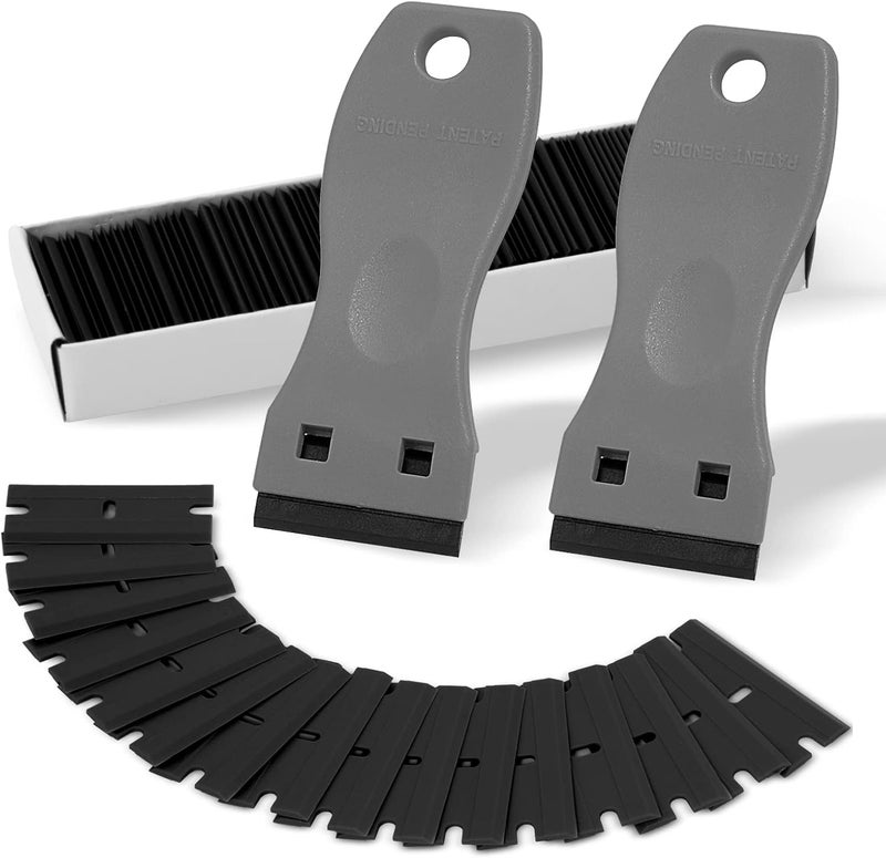 FOSHIO 2PCS Plastic Razor Blade Scraper Tool and 100PCS Plastic Blades for Gasket Remover, Sticker Remover, Labels Decal and Adhesive Remover for Windows and Glass (Grey) - Image 1