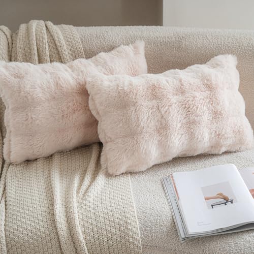 Neelvin Beige Faux Fur Pillow Covers Set of 2 Luxury Soft Fluffy Throw Pillow Covers for Couch Fuzzy Decorative Plaid Plush Cushion Cases for Living Room Sofa Bedroom Decor - Image 1