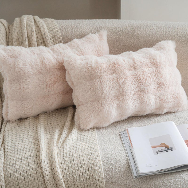 Neelvin Beige Faux Fur Pillow Covers Set of 2 Luxury Soft Fluffy Throw Pillow Covers for Couch Fuzzy Decorative Plaid Plush Cushion Cases for Living Room Sofa Bedroom Decor - Image 2