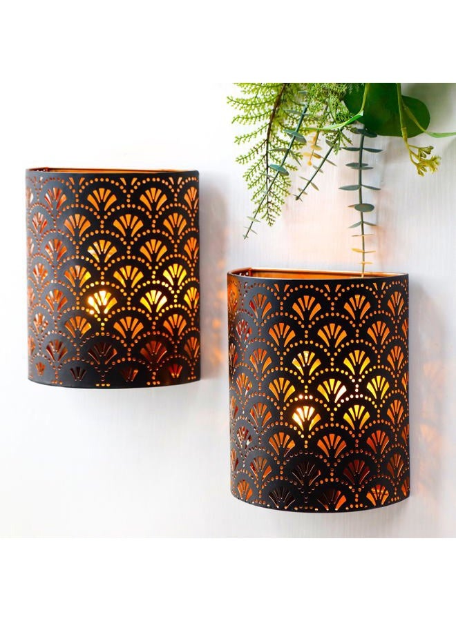 JHY DESIGN Set of 2 Battery Operated Lamps 20 cm High Wall Light Metal Rustic Wall Light with 6-Hour Timer for Living Room Bedroom Hallway Stairs (Brown Flabellum) - Image 1