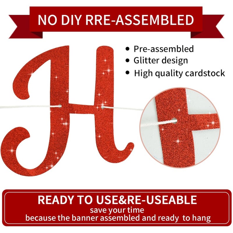 BEISHIDA Red Happy Birthday Banner - NO DIY,10Feet,Pre-Strung-Glitter Backdrop Happy Birthday Sign,Decorations for Women,Bday Party Decorations - Image 2
